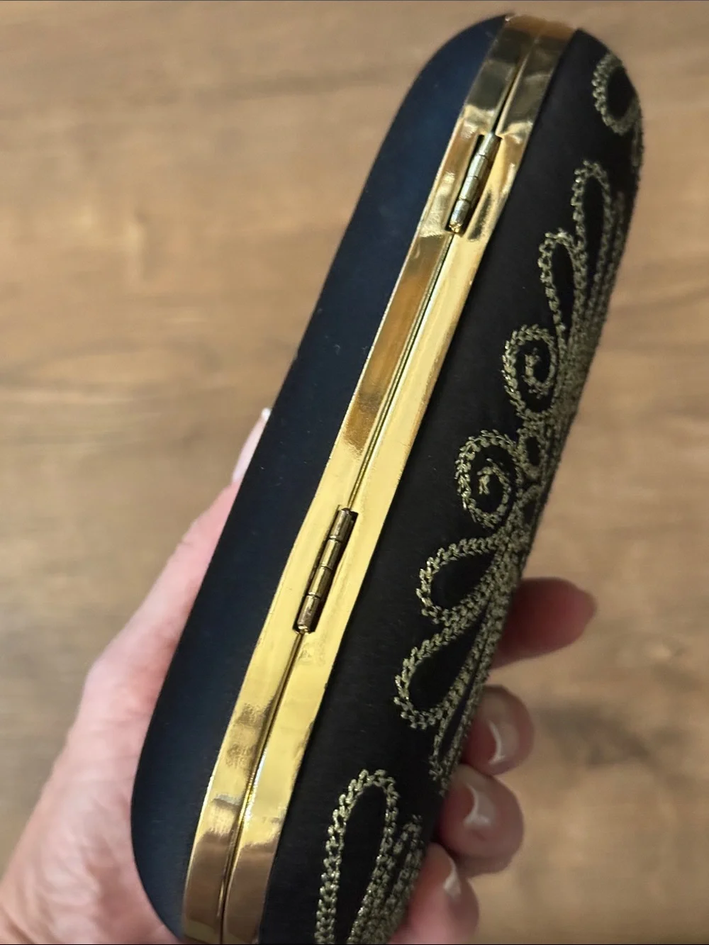Kate Landry Black Clutch with Gold Beaded Floral Design